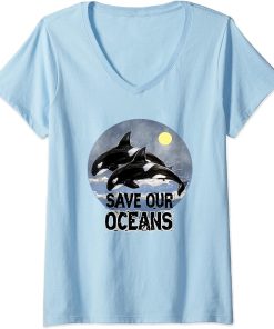 Womens Save Our Oceans Orca Killer Whale Art Retro Style Climate V-Neck T-Shirt