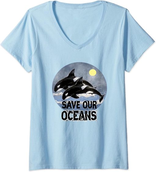 Womens Save Our Oceans Orca Killer Whale Art Retro Style Climate V-Neck T-Shirt