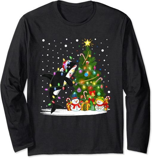 Orca Christmas Tree Lights Pajama Santa Orca Lover Xmas Long Sleeve T-Shirt