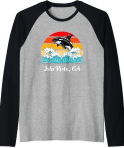 Vintage Isla Vista CA Distressed Orca Killer Whale Art Raglan Baseball Tee