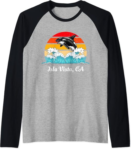 Vintage Isla Vista CA Distressed Orca Killer Whale Art Raglan Baseball Tee